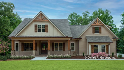 This is an alternative angle of the front of Craftsman Ranch house plan 1422 The Sawyer