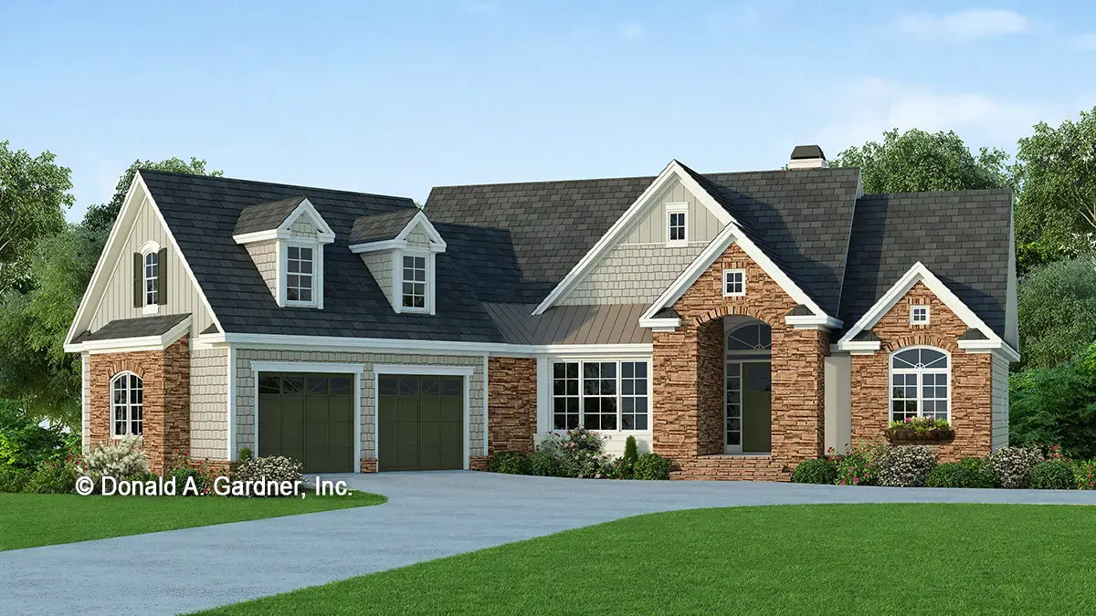 This is an illustration of the front of Craftsman Walkout Basement house plan 1254 The Silvergate