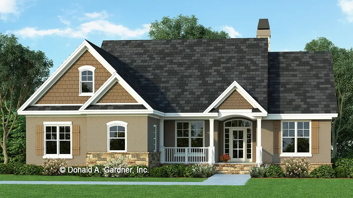 This is an illustration of the front of Small Craftsman house plan 757 The Tanglewood