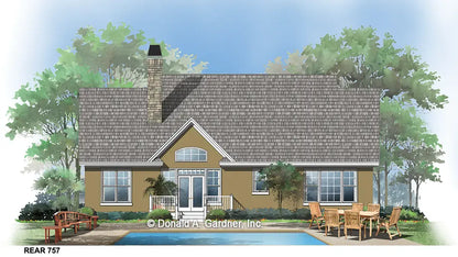 This is an illustration of the front of Small Craftsman house plan 757 The Tanglewood