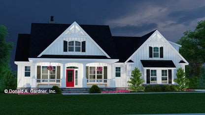 This is an illustration of the front of house plan 1497 The Thomasina at dusk