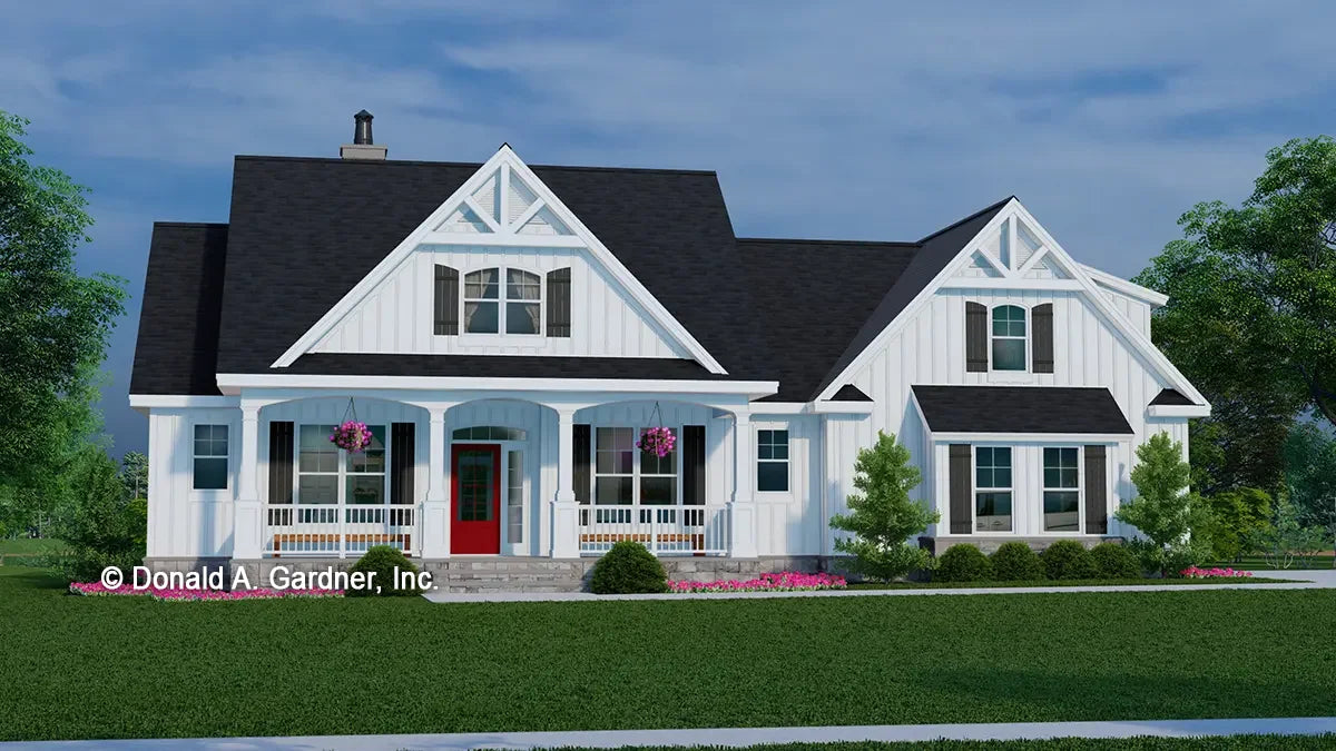 This is an illustration of the front of Modern Farmhouse house plan 1497 The Thomasina